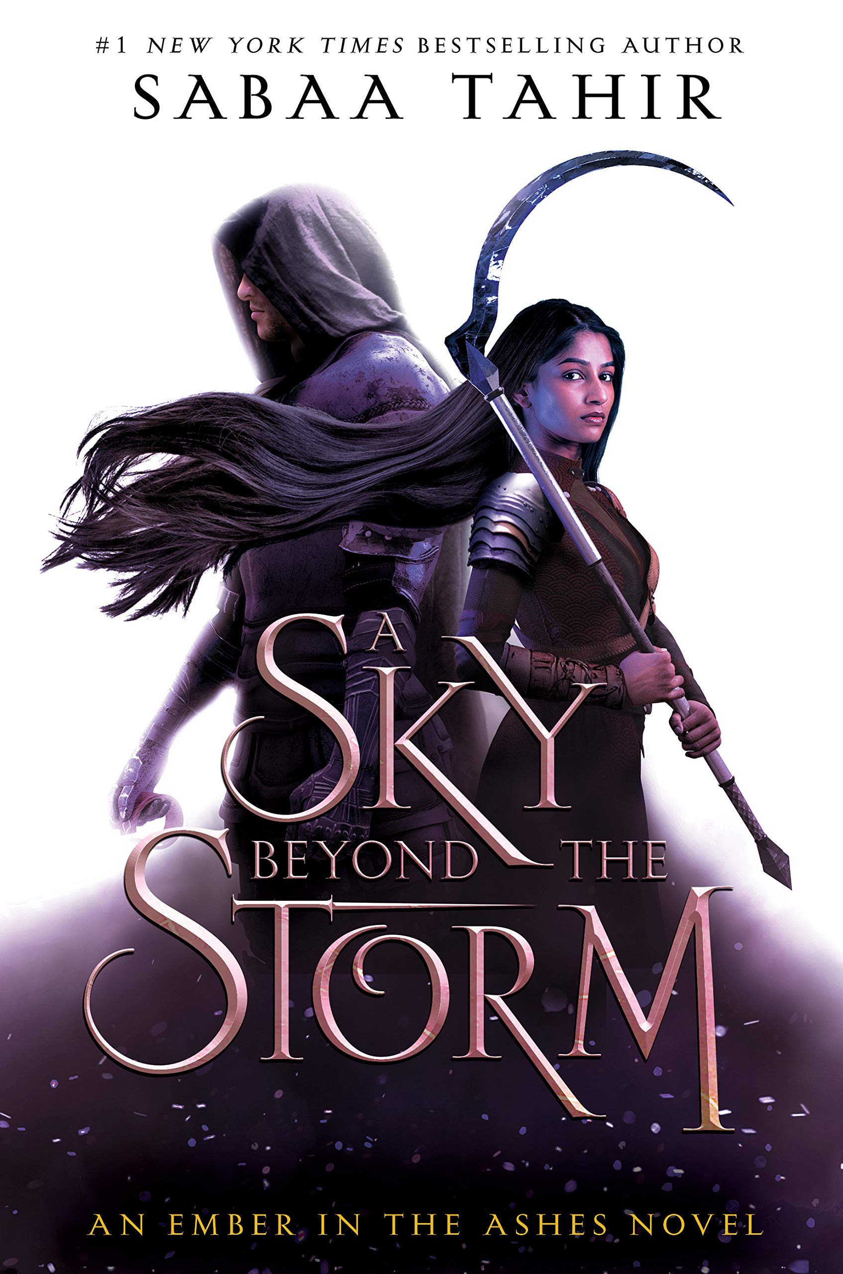 the image features the cover of Sabaa Tahir's book 'A Sky Beyond the Storm' from her series 'An Ember in the Ashes'